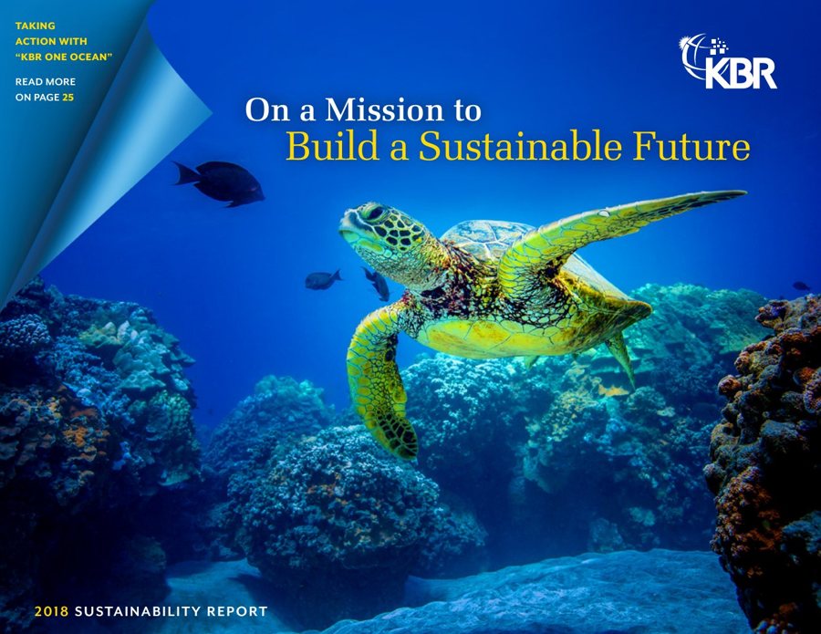 KBR 2018 Sustainability Report cover with a sea turtle and the headline On a Mission to Build a Sustainable Future