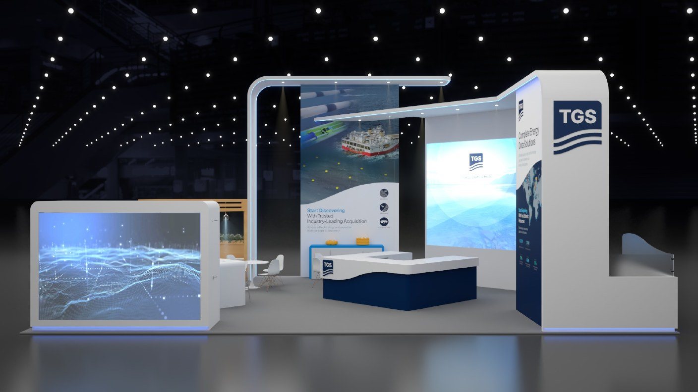 TGS booth at IMAGE 2024 seen from the aisle with an LED wall and navy wave tower
