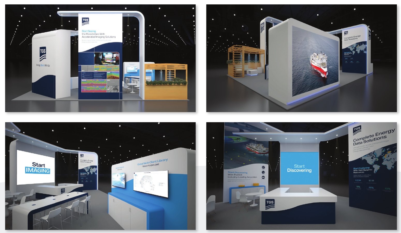 Four renderings of the TGS tradeshow booth